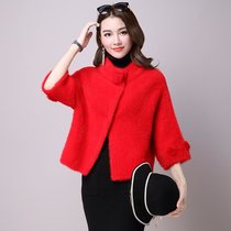 娇维安 春季女装短外套 韩版蝙蝠型针织衫 毛球点缀蝙蝠袖针织开衫 女(红色 均码)