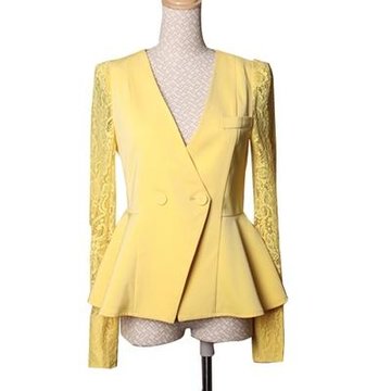 莎莱茜春秋优雅双排一粒扣小西装蕾丝长袖外套XY01318(黄色 S)