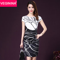 VEGININA 修身显瘦优雅气质圆领女装短袖印花连衣裙 9686(黑色 XXL)