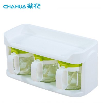 茶花玻璃调味盒套装双层家用厨房调味瓶盐罐调料400ml*3(绿色)