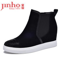 金猴Jinho 时尚套脚内增高女鞋 反绒耐磨高跟女短靴 Q49032A(黑色 37)