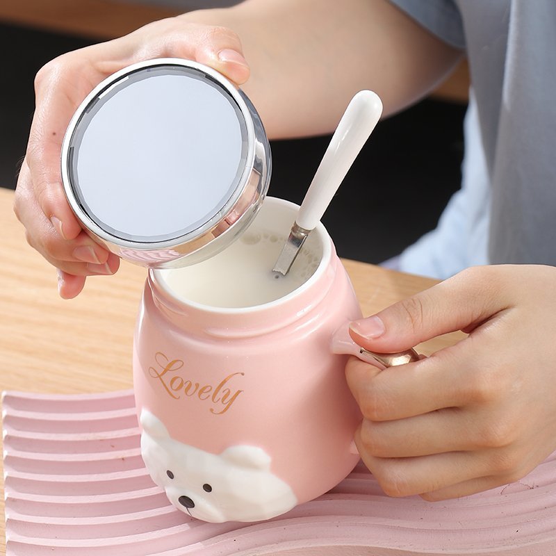 水杯办公室杯子女陶瓷情侣马克杯女生喝水杯瓷杯子带盖杯子ins风粉色