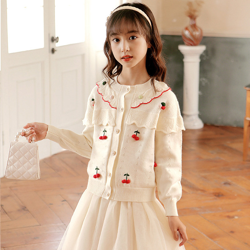 巴洛尼莫甜美可爱娃娃领女童薄开衫儿童樱桃毛球线衣服针织开衫外套女