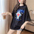 【灵薇雅】夏季韩版新款卡通叮当猫印花珠片刺绣宽松中长款纯棉圆领短袖T恤衫(蓝色 XL)第8张高清大图
