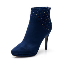 Daphne/达芙妮秋冬女靴 时尚尖头织布细高跟尖头低筒靴1014605273(蓝色 36)