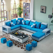 紫茉莉 沙发 布艺沙发 小户型沙发 简约现代客厅三人转角布艺沙发(浅色天蓝 六件套送地毯)
