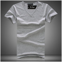 男式短袖T恤 男装纯色体恤 V领时尚商务休闲空白T恤(V88浅灰色 XL)