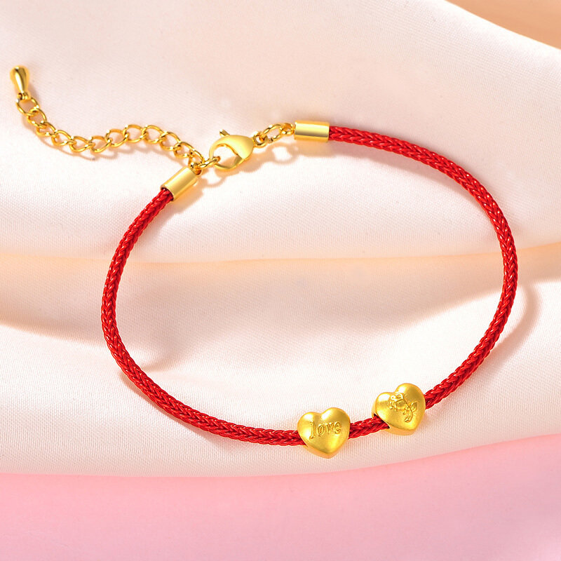 蒂蔻爱心形love黄金转运珠手链女款玫瑰花3d硬金编织红绳款手饰520
