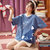 【俞兆林】 萌趣小猫图案睡衣女夏季短袖可爱可外穿2021年新款女士家居服套装 35028(蓝色 M)第3张高清大图