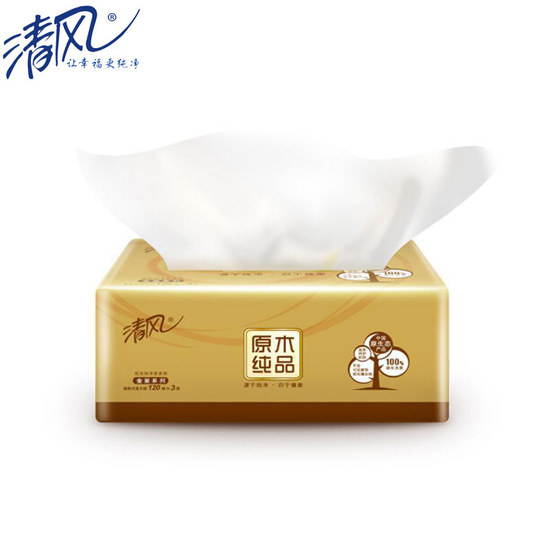 清风金装原木软抽3层120抽6包装餐巾纸1提
