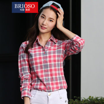 BRIOSO长袖衬衫 女士新款全棉免烫长袖白衬衫女格子纯棉长袖衬衣(TB142110023红白格 M)