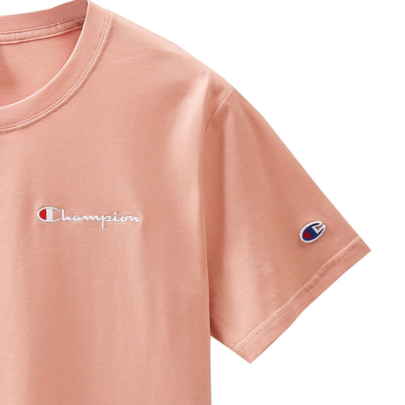 champion情侣款小标刺绣草写logo宽松圆领短袖t恤男女短ts码粉柔软亲