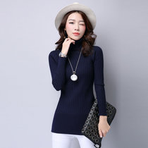 秋季新韩版长袖针织衫女打底衫女士套头高领毛衣中长款女式毛衫GD807(蓝色 均码)