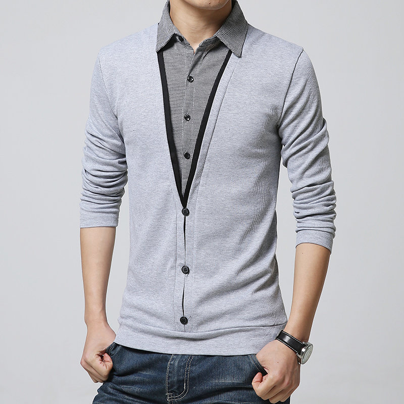 假两件衬衫领男士毛衣套头秋毛线男装韩版薄款衬衣男生针织衫t恤6237