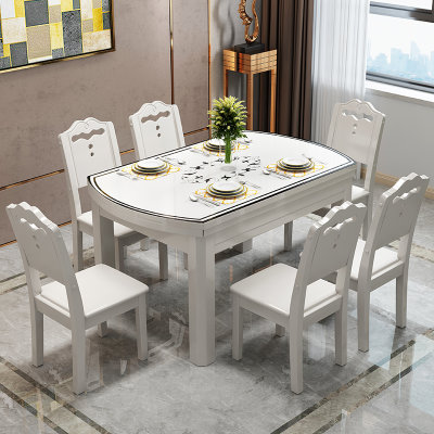 恒兴达 实木餐桌椅组合现代简约大理石圆餐桌折叠可伸缩家用小户型钢化玻璃饭桌子(胡+白-钢化玻璃 1.2m单餐桌)