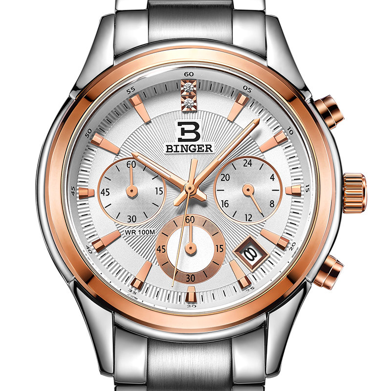 宾格(binger)手表石英表男士手表商务休闲精钢皮带男表(e101f)