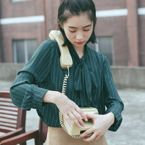 2017新款女装韩版蝴蝶结长袖气质雪纺衫条纹打底衬衫(绿色 L)
