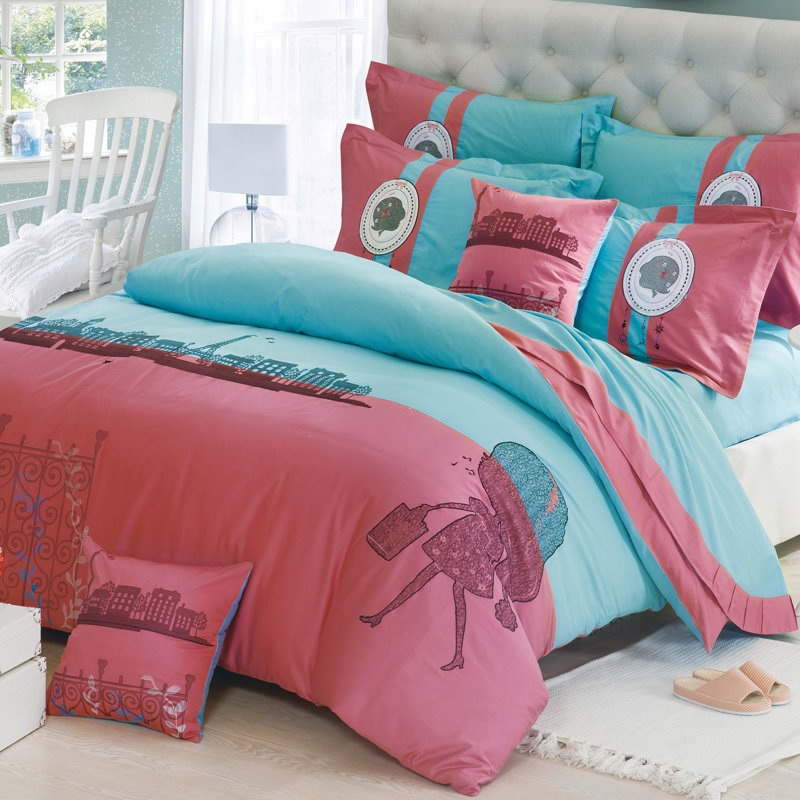 窝居坊家纺全棉床上用品套件纯棉五件套全棉绣花五件套(摩登女郎 200*