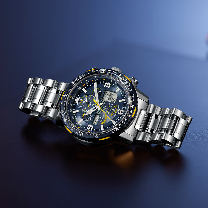 西铁城超级空中之鹰系列光动能多局电波表运动手表蓝盘钢带男表jy8078