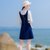 2018秋装新款韩版修身显瘦长袖喇叭袖背带裙两件套连衣裙套装裙(蓝色)(M)第4张高清大图