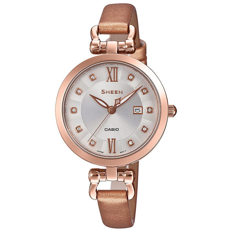 卡西欧手表sheen系列时尚简约手镯式表带设计人造蓝宝石玻璃镜面女表