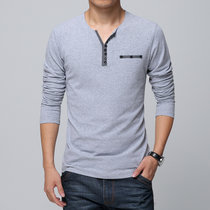纯色棉V领男士长袖T恤 男式长袖紧身汗衫打底衫男运动修身春夏装J680(灰色)