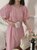 韩版气质纯色圆领宽松系带显瘦开叉拼色泡泡袖连衣裙(粉红色 均码)第4张高清大图