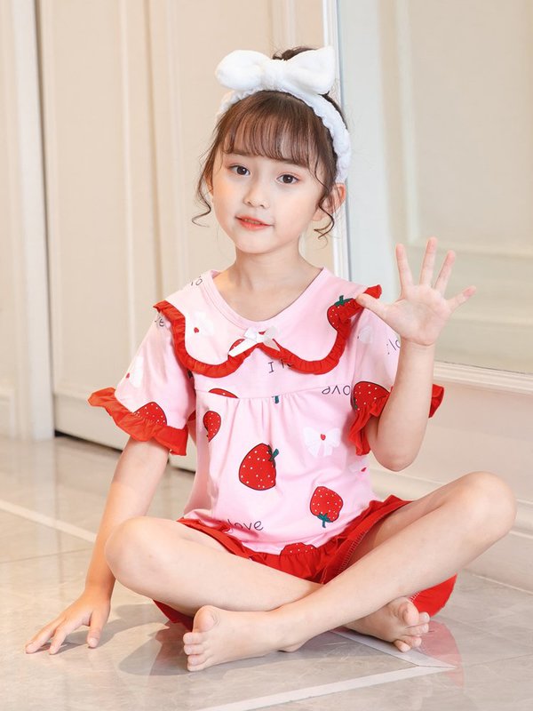 夏季短袖小女孩女童亲子家居服中大童学生长袖秋明黄色短袖套装可达鸭