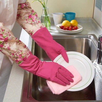 厨房耐用 护肤乳胶清洁家务手套 洗碗洗衣服橡胶手套 一双装 颜色随机