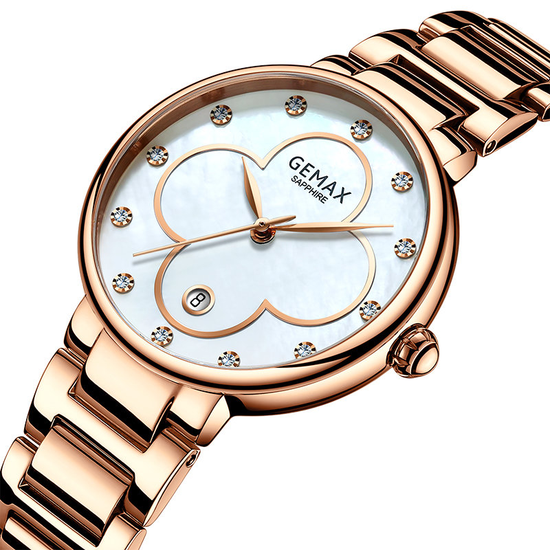 格玛仕gemax石英手表女士时尚潮流钢带防水腕表mx8126玫瑰金
