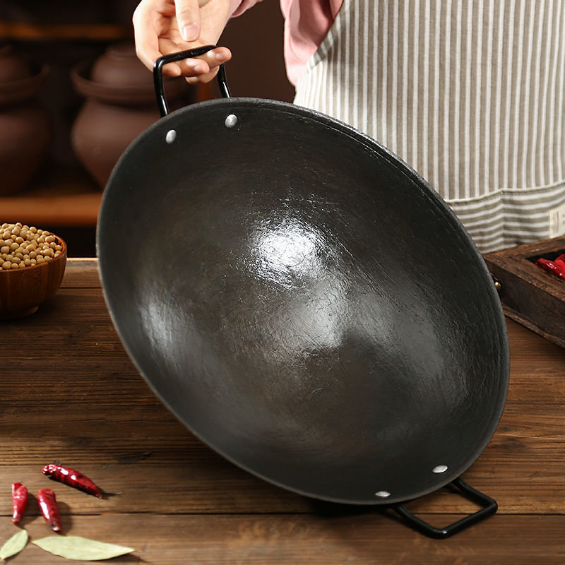 章丘手工铁锅老式家用炒锅双耳熟铁锅炒菜锅无涂层不粘圆底大铁锅30cm
