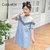 CaldiceKris（中国CK）女童条纹露肩牛仔连衣裙CK-FS3168(120 蓝色)第5张高清大图