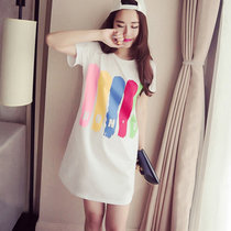 葩葩乐奇韩版宽松休闲中长款女生短袖T恤个性印花连衣裙rihan7080(白色 XL)