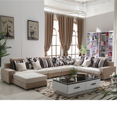 紫茉莉 沙发 布艺沙发 小户型沙发 简约现代客厅三人转角布艺沙发(卡其加灰白 六件套送茶几电视柜)
