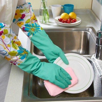 厨房耐用 护肤乳胶清洁家务手套 洗碗洗衣服橡胶手套 一双装 颜色随机