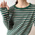 MISS LISA长袖条纹t恤女装宽松韩版T恤打底衫时尚内搭6331(绿色 M)第2张高清大图
