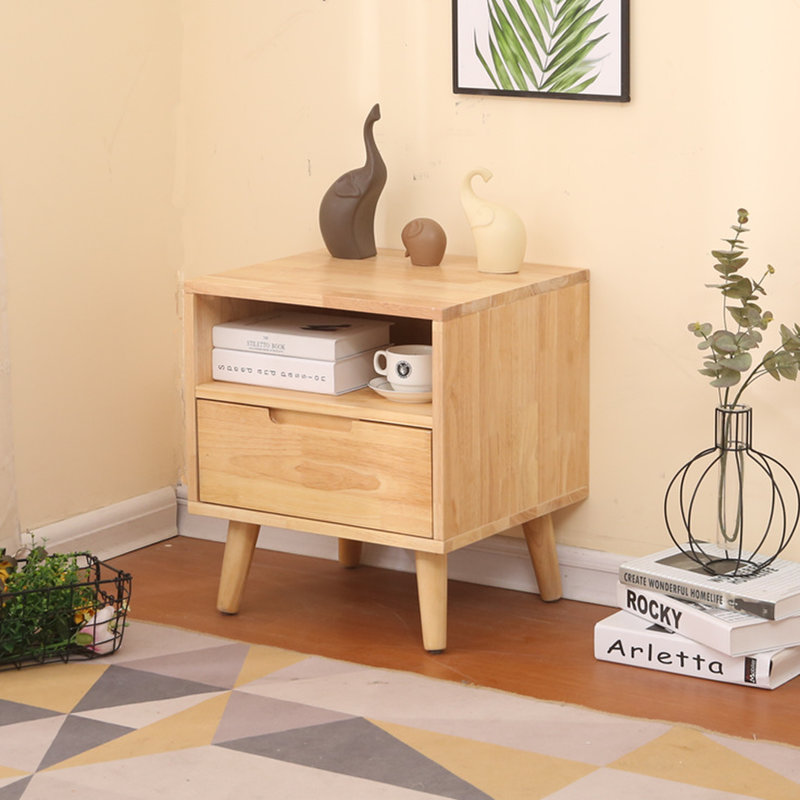 全实木床头柜北欧卧室简约现代整装日式小型简易款床边柜原木风色荧光