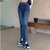 MISS LISA春装新款牛仔裤修身高腰斜扣开叉微喇牛仔裤0201(蓝色 L)第2张高清大图