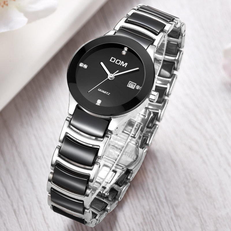 多姆(dom)手表 女表(黑银带黑盘)时尚商务简约两针洁白面立体镶钻刻度