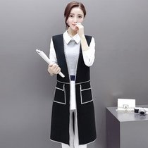莉妮吉尔2016秋季女装女式韩版无袖针织衫毛衣外套背心长款口袋无袖马甲开衫(黑色 均码)