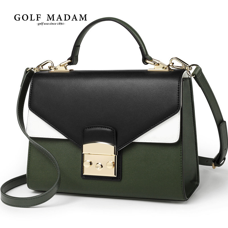 golf高尔夫牛皮女包新款单肩包女潮流拼色时尚单肩斜挎包手提包黑墨绿
