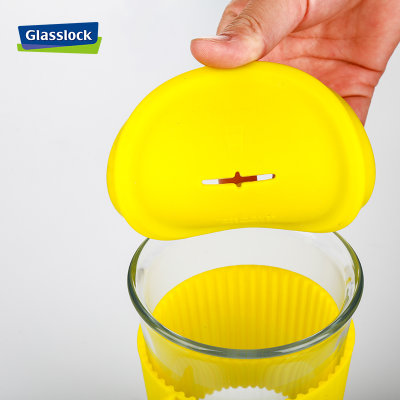 韩国Glasslock原装进口玻璃杯带盖便携透明钢化水杯学生可爱杯随手杯家用耐热(450ml活力橙PC918)