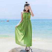 亲衣倾诚 2017夏季新韩版绿色雪纺吊带连衣裙时尚女大码无袖背心长裙纯色沙滩裙 XG16681(绿色 XL)