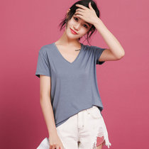 七格格2017夏装新款时尚纯色百搭宽松V领前短后长短袖T恤女U011(灰蓝色 XL)