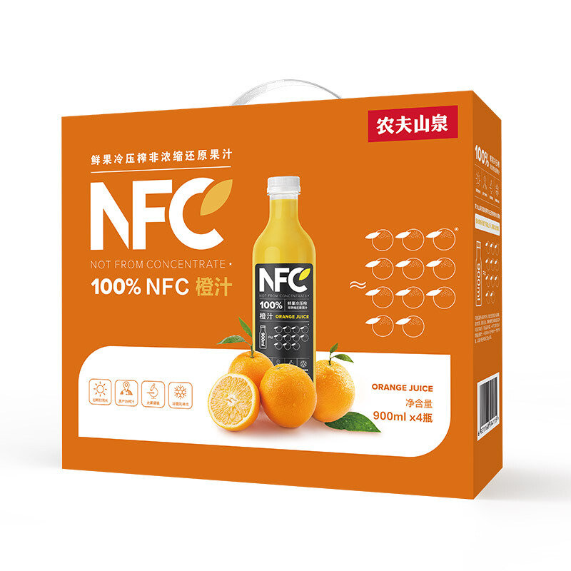 农夫山泉nfc果汁饮料100nfc橙汁900ml4瓶礼盒