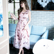 Mistletoe2017新款夏季长裙蝴蝶时尚真丝连衣裙F6655(粉红色 S)