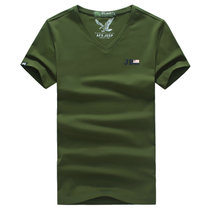 战地吉普AFS JEEP夏装新款纯绵弹力V领短袖T恤衫 3147纯色男polo(军绿色 L)