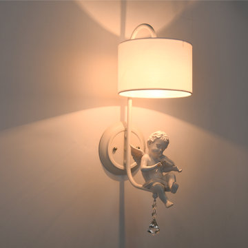 创意个性美式陶瓷玻璃壁灯简约铁艺卧室床头灯过道走廊阳台灯白色树脂天使娃娃(透明水晶灯罩 带5w光源)