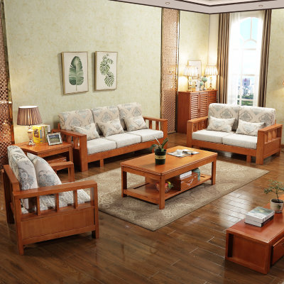 美天乐 新中式实木沙发组合 中式客厅木沙发整装家具 小户型橡胶木布艺沙发(胡桃色 单人位)