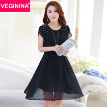 VEGININA 韩版显瘦圆领短袖中长款不规则雪纺连衣裙 9384(黑色 4XL)